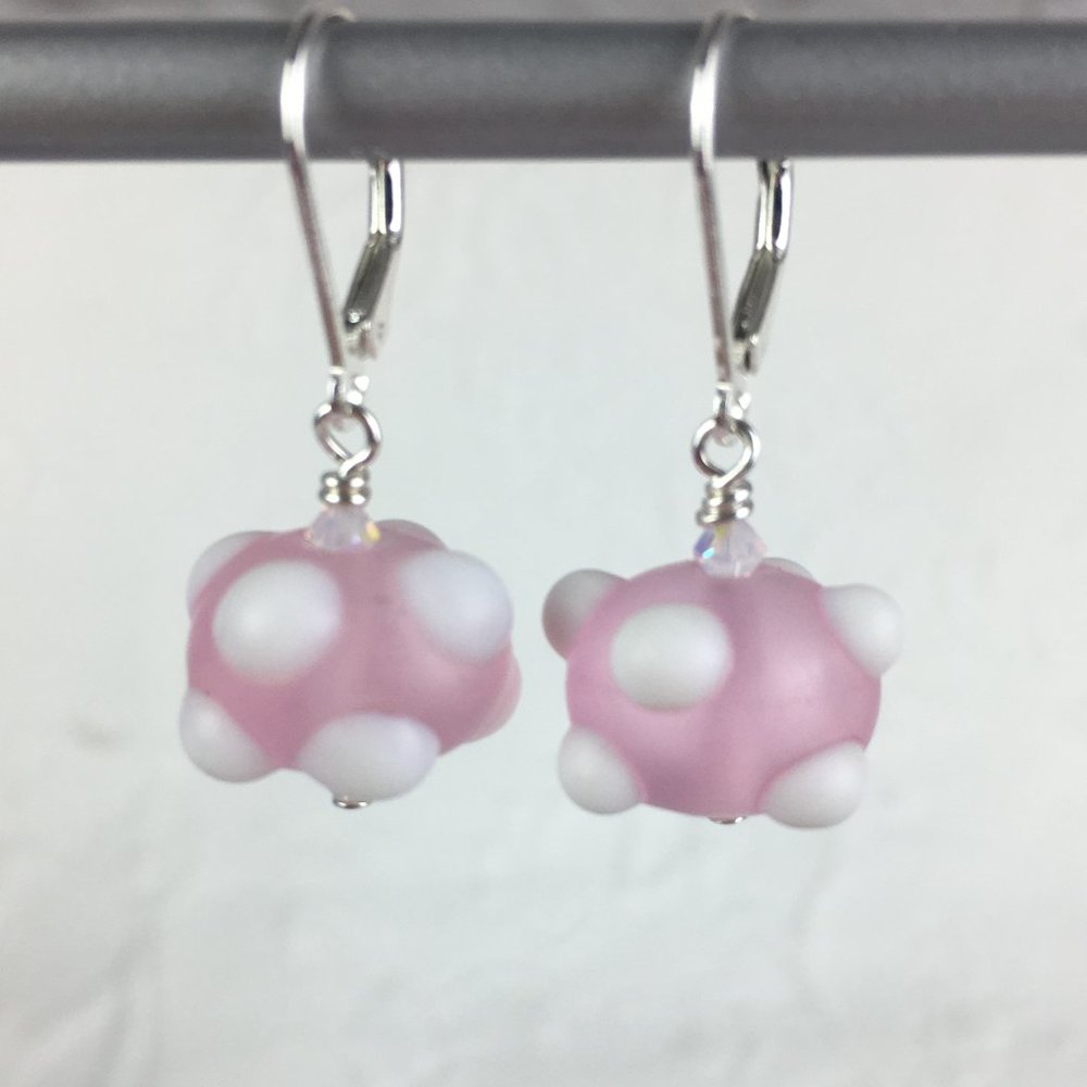 Handmade Pink & White Bumpy Lampwork Glass Bead Earrings
